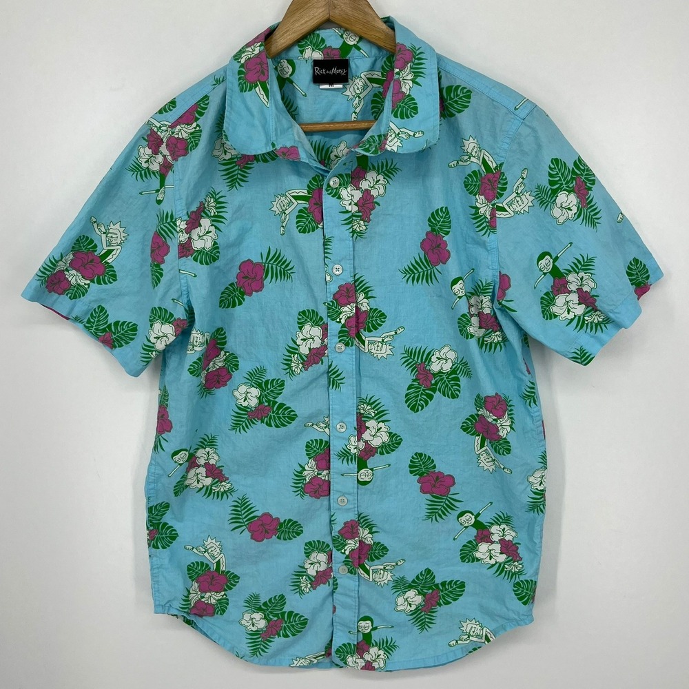 Rick and Morty Mens Medium Blue Tropical Hibiscus Graphic Button Up Shirt Cotton